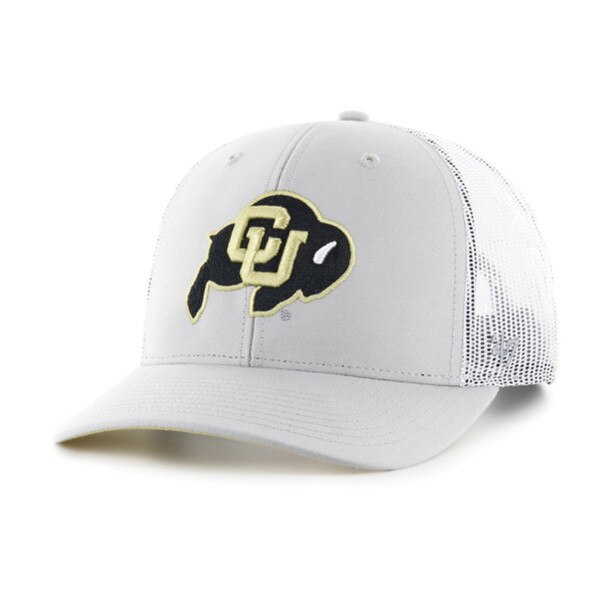 CU Boulder white mesh trucker hat with black buffalo logo and gold CU initials embroidered on front